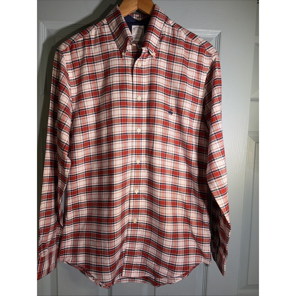 Brooks Brothers Mens Medium Non Iron Plaid Orange Blue SuPima Cotton. Preppy.